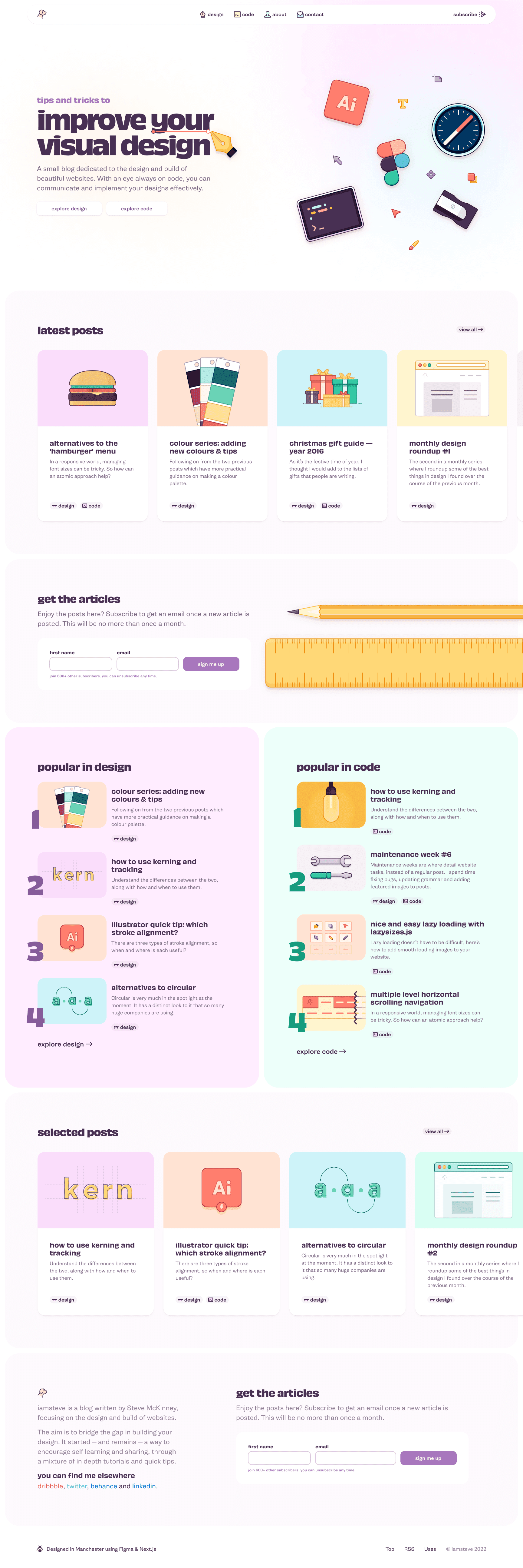 Another version of a highly colourful design. The sections are clearly divided throughout except for the hero where it feels more blended as part of the page.